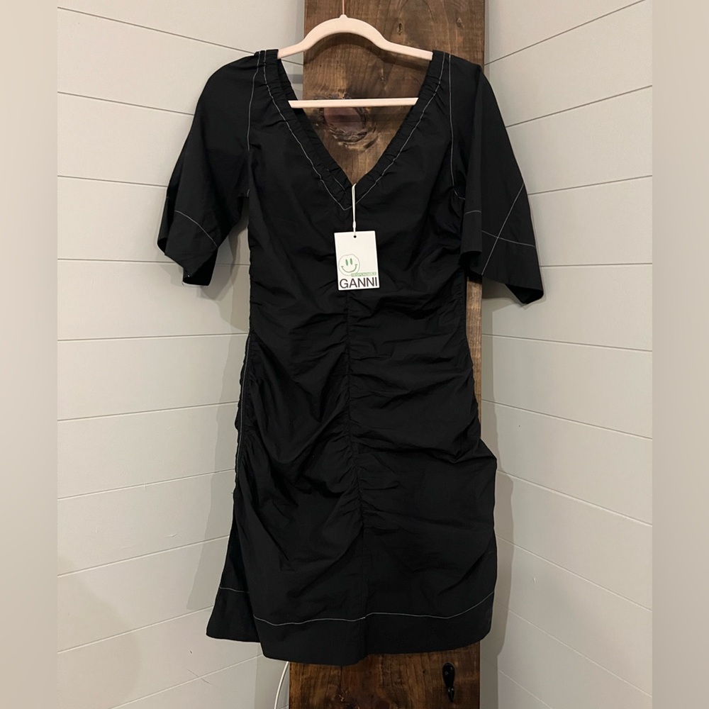 Ganni Ruched Cotton Mini Dress